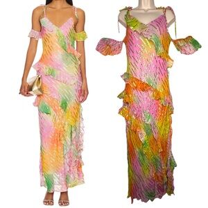 Never Fully Dressed Women Dress 14 Ombre Pink Amber Jacquard Metallic Asymmetric